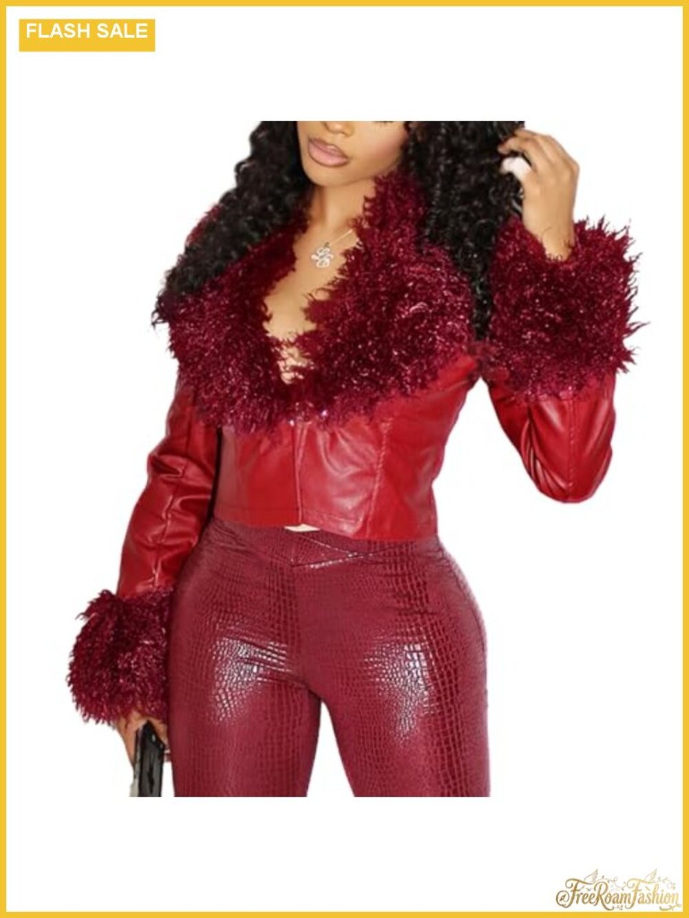 Faux Leather Cropped Moto Jacket Women Fur V Neck Buckle Cinched Waist